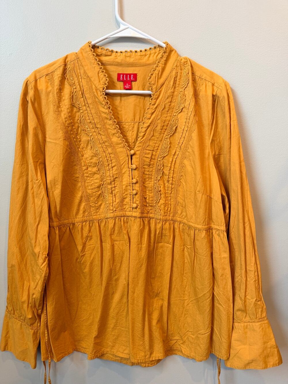 ELLE Women’s Boho Pintuck Lace Trim Blouse Amber Gold Mustard Yellow Size XL